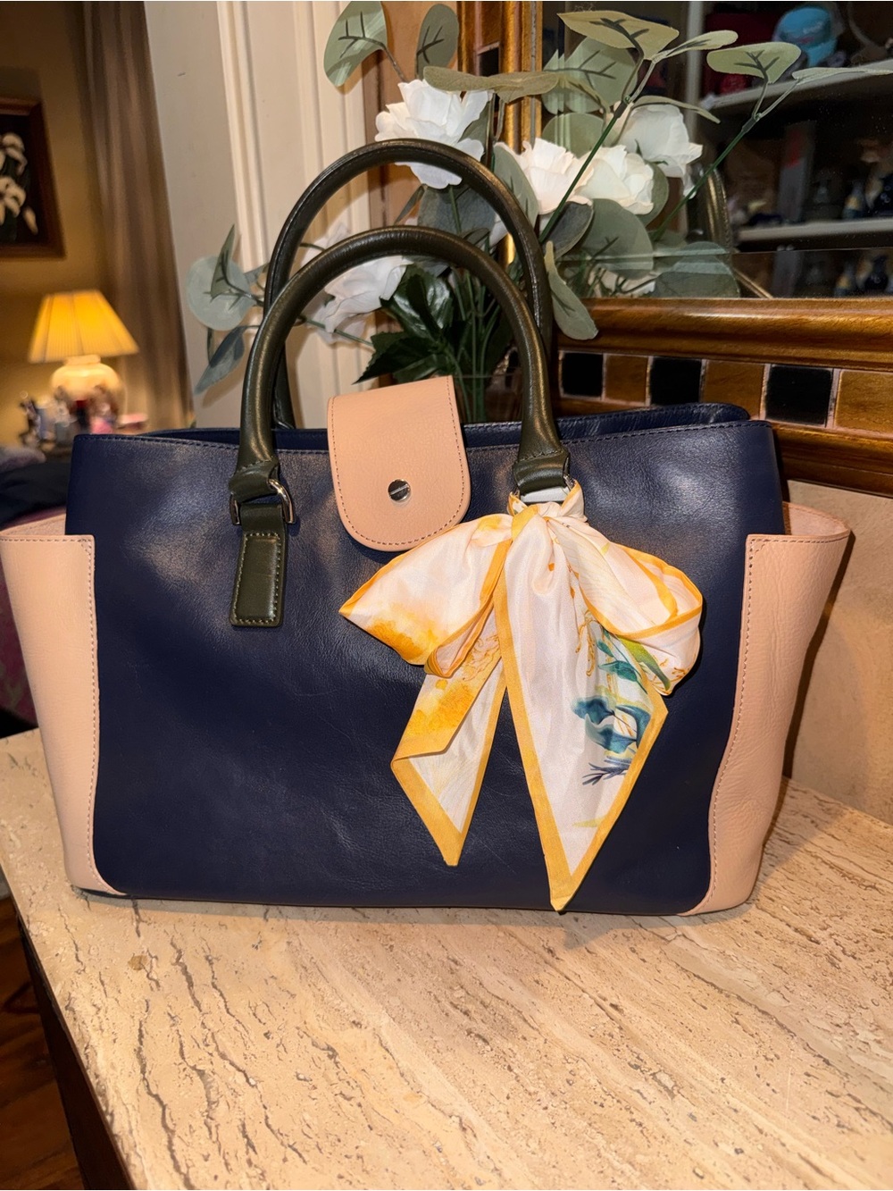 Talbots Navy and Blush Satchel with Olive Handles and Yellow Scarf Accent